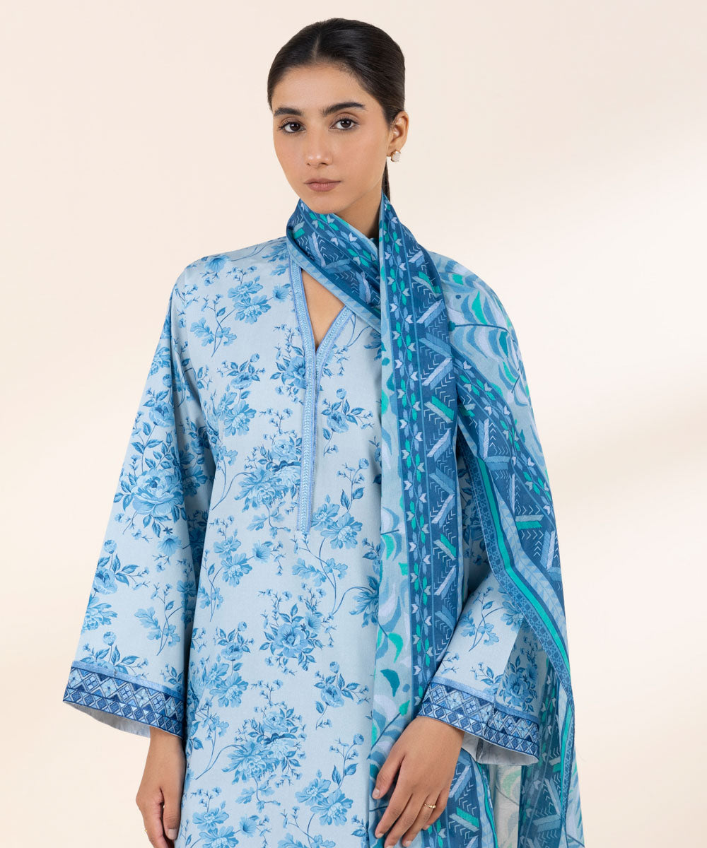 Women's Unstitched Lawn Embroidered Blue 3 Piece Suit