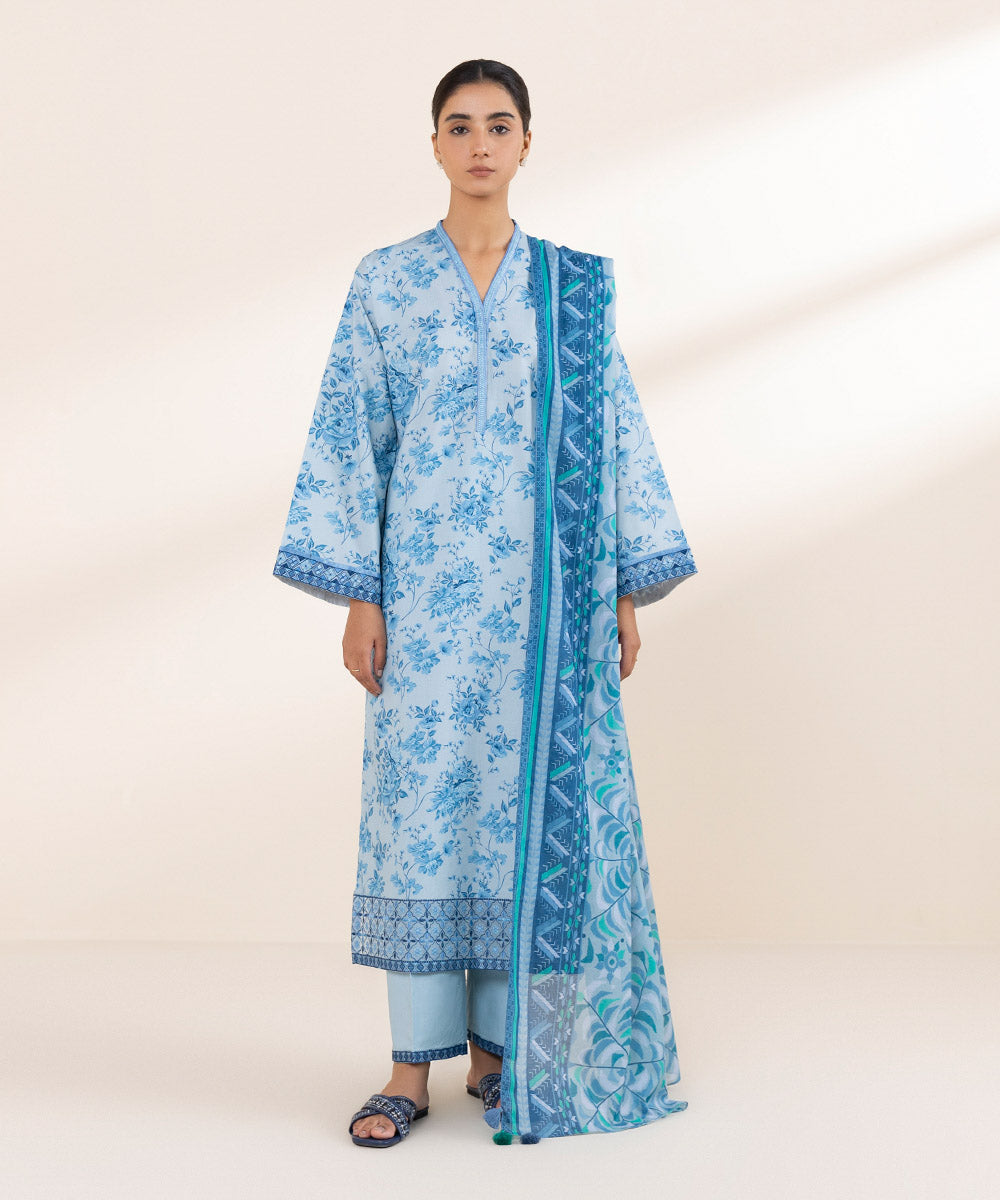 Women's Unstitched Lawn Embroidered Blue 3 Piece Suit