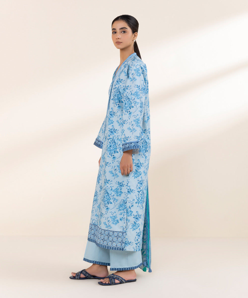 Women's Unstitched Lawn Embroidered Blue 3 Piece Suit