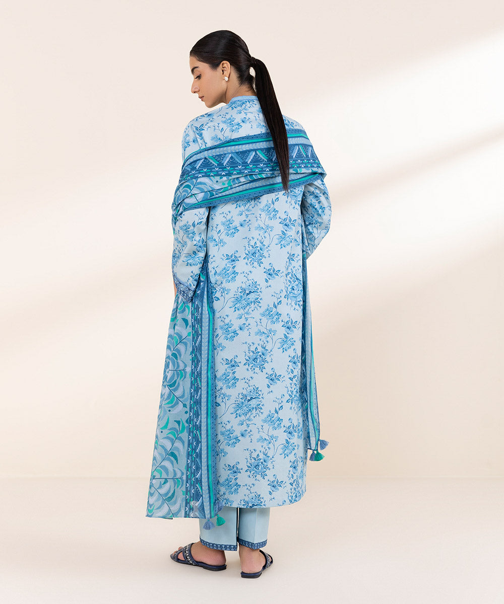 Women's Unstitched Lawn Embroidered Blue 3 Piece Suit