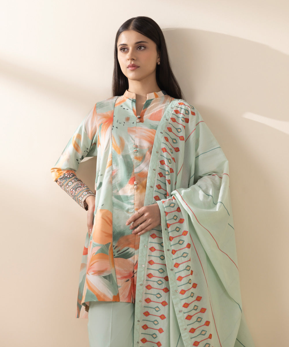 Unstitched Women's Green Zari Lawn 3 Piece Suit