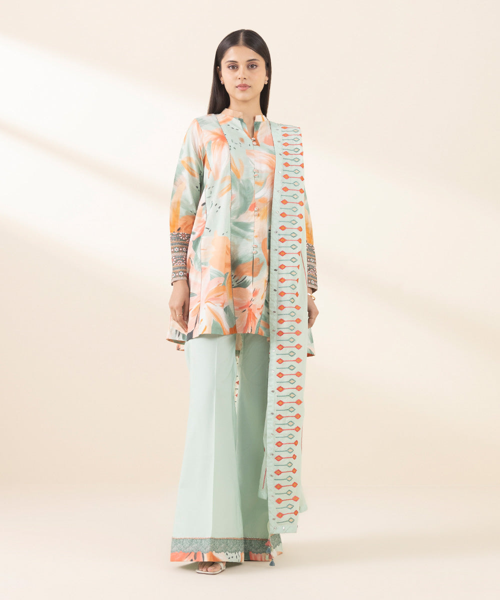 Unstitched Women's Green Zari Lawn 3 Piece Suit