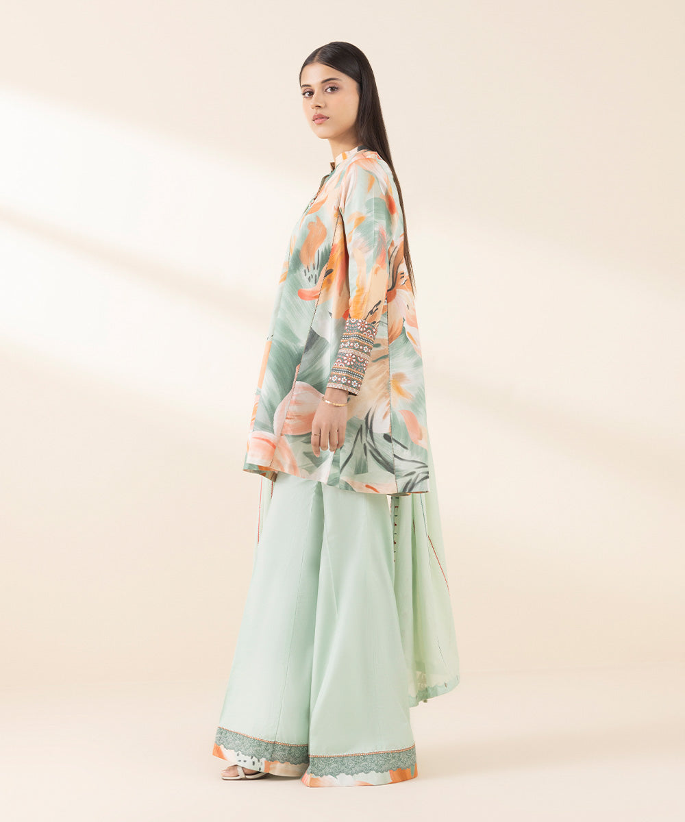 Unstitched Women's Green Zari Lawn 3 Piece Suit