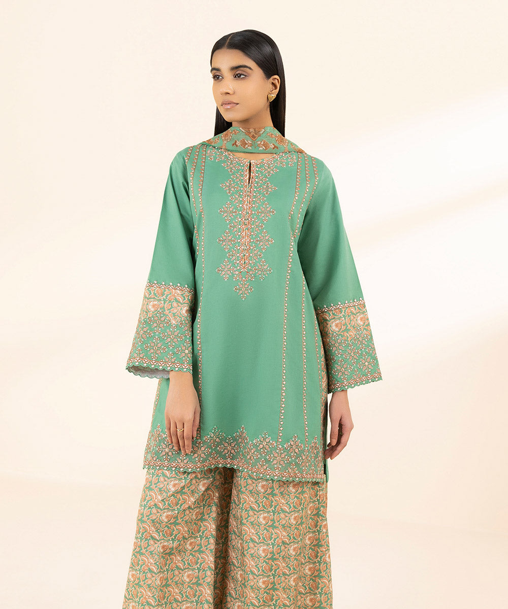 Unstitched Women's Embroidered Textured Lawn Green Three Piece Suit 