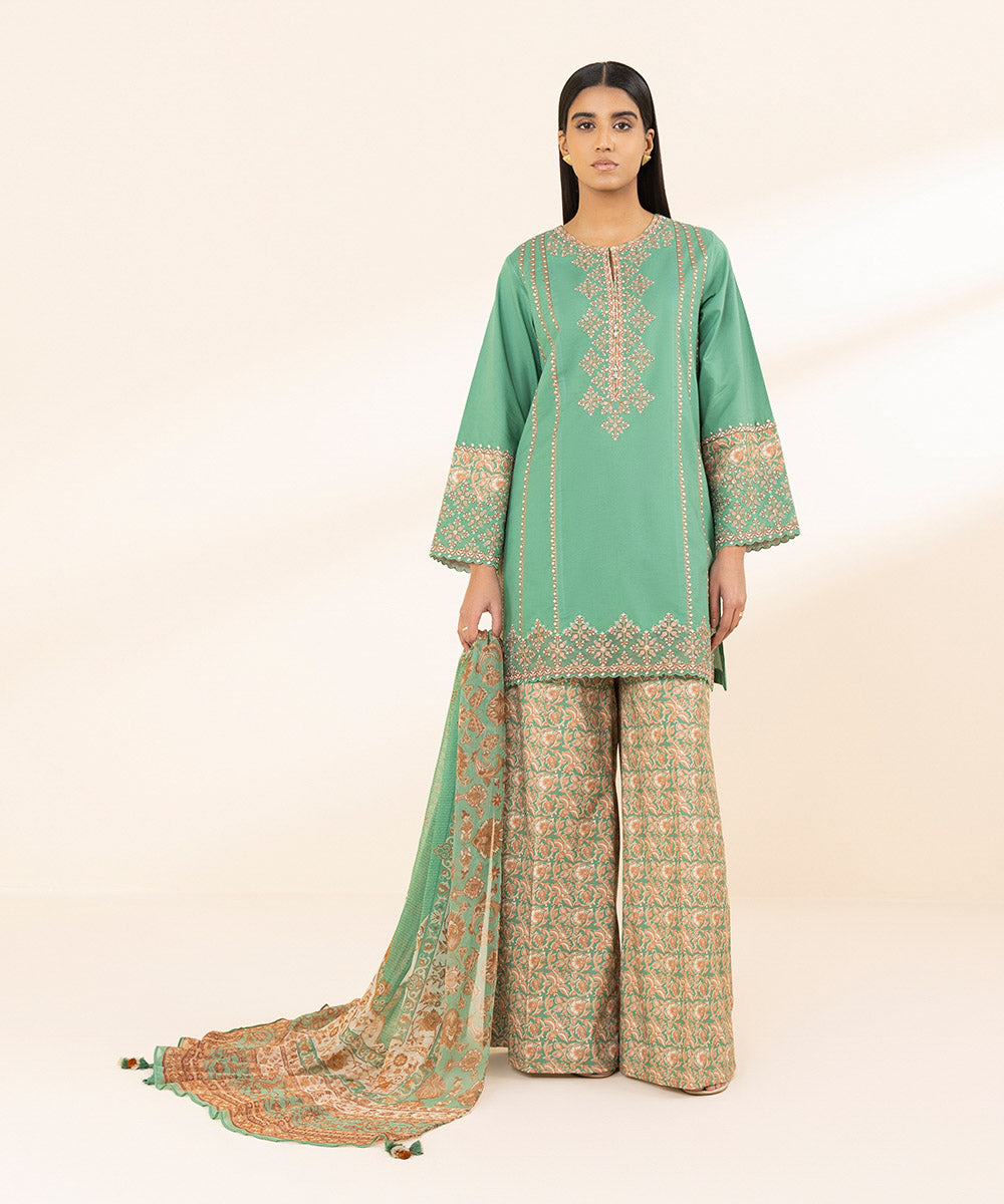 Unstitched Women's Embroidered Textured Lawn Green Three Piece Suit 