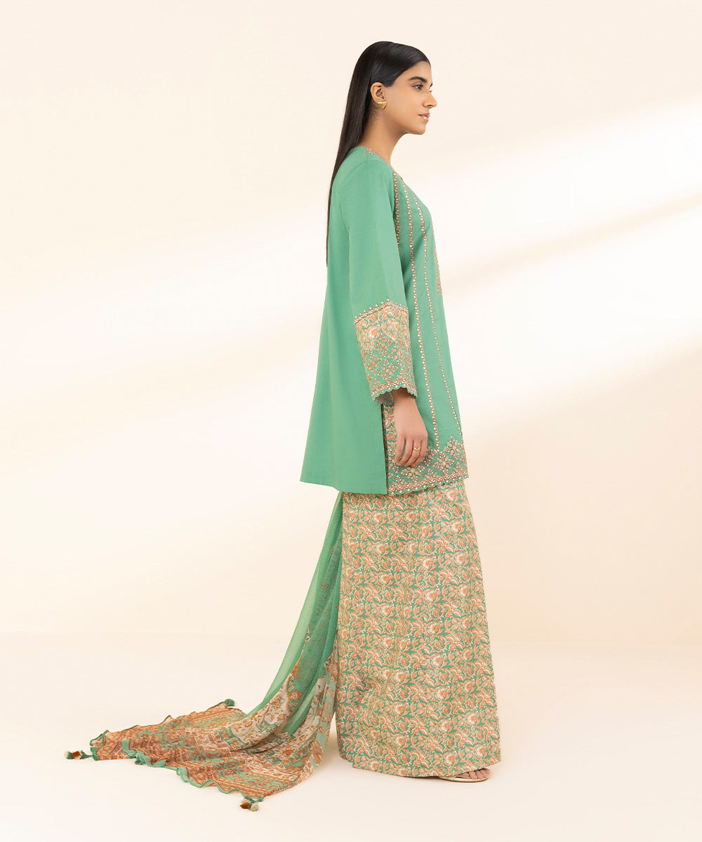 Unstitched Women's Embroidered Textured Lawn Green Three Piece Suit 