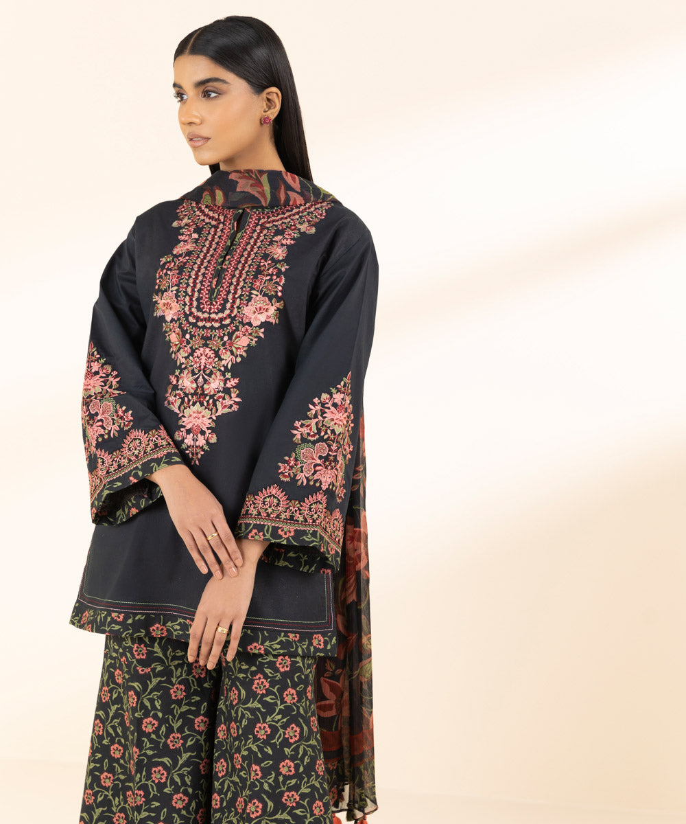 Unstitched Women's Embroidered Textured Lawn Black Three Piece Suit 