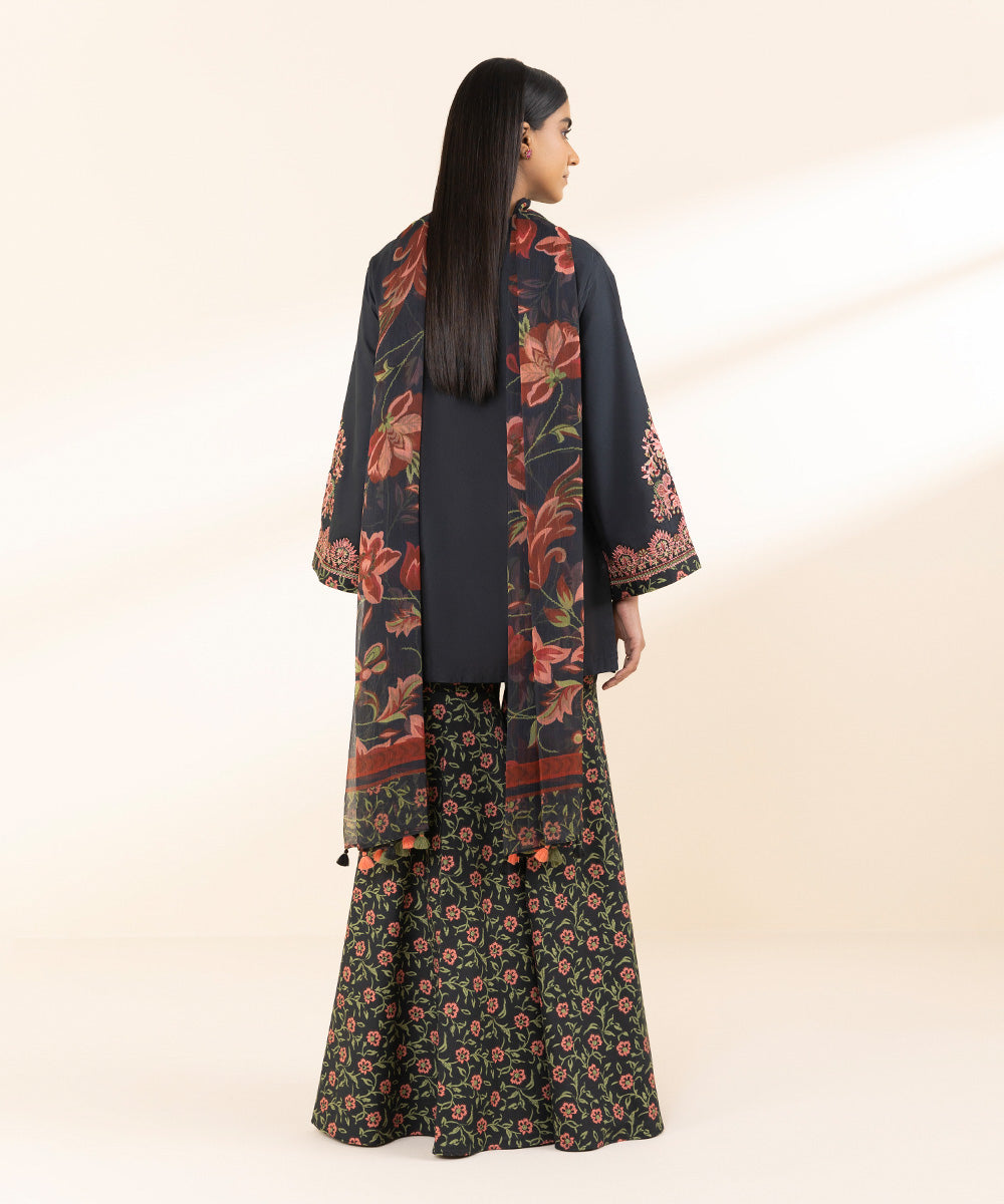 Unstitched Women's Embroidered Textured Lawn Black Three Piece Suit 