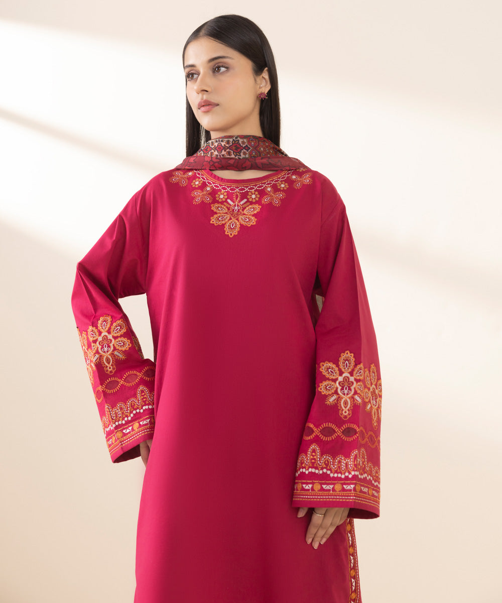 Unstitched Women's Embroidered Textured Lawn Red Three Piece Suit 