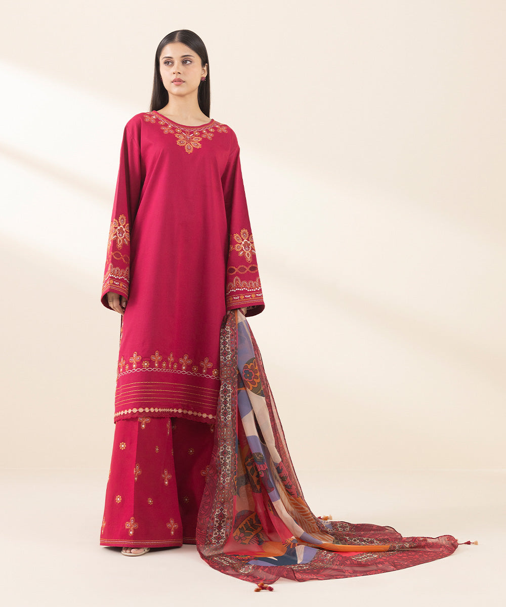 Unstitched Women's Embroidered Textured Lawn Red Three Piece Suit 