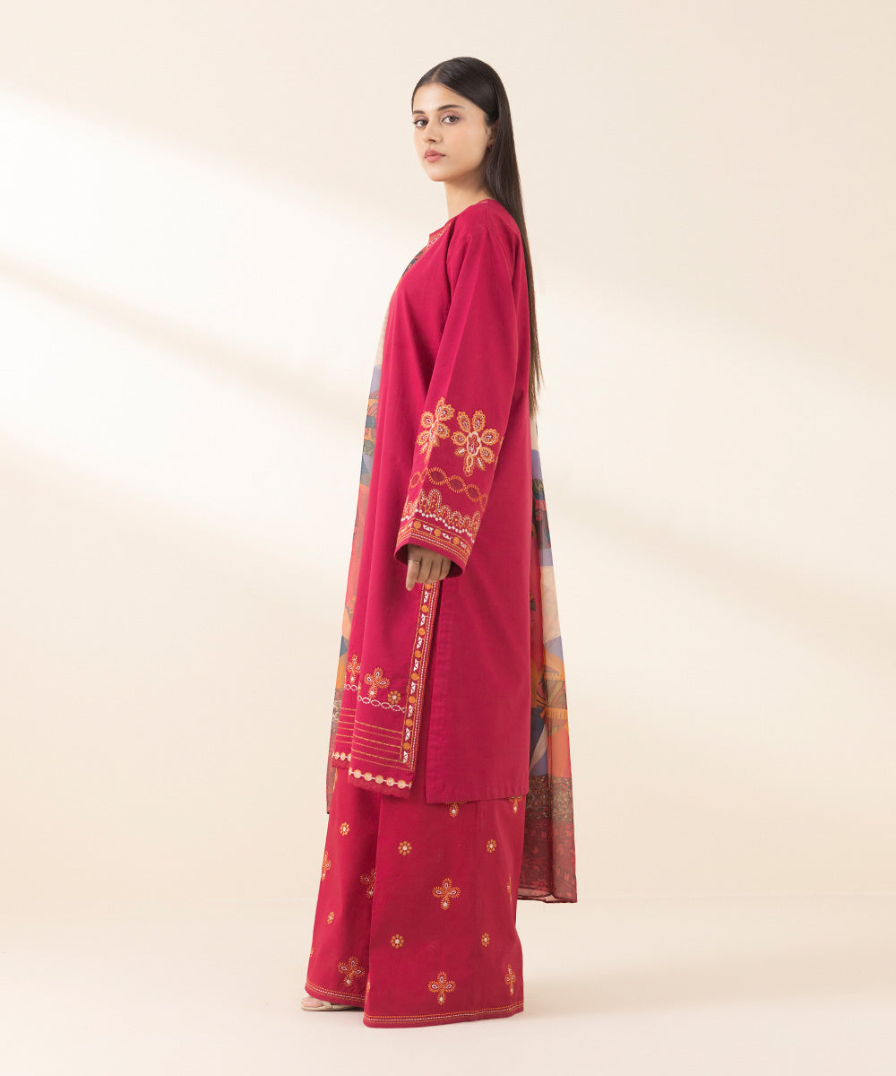 Unstitched Women's Embroidered Textured Lawn Red Three Piece Suit 