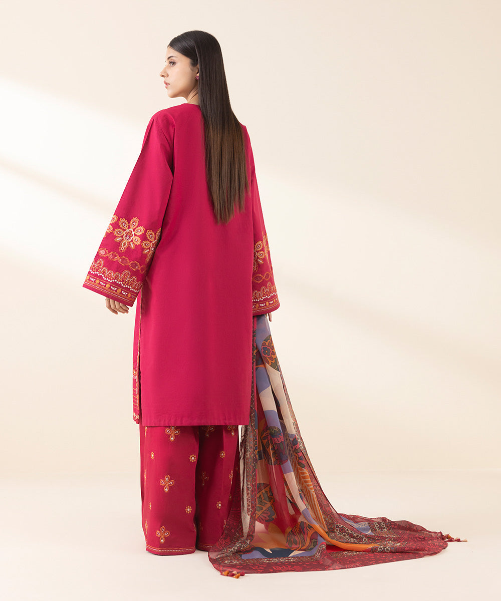 Unstitched Women's Embroidered Textured Lawn Red Three Piece Suit 