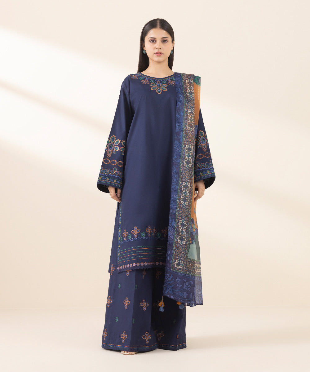 Unstitched Women's Embroidered Textured Lawn Blue Three Piece Suit 