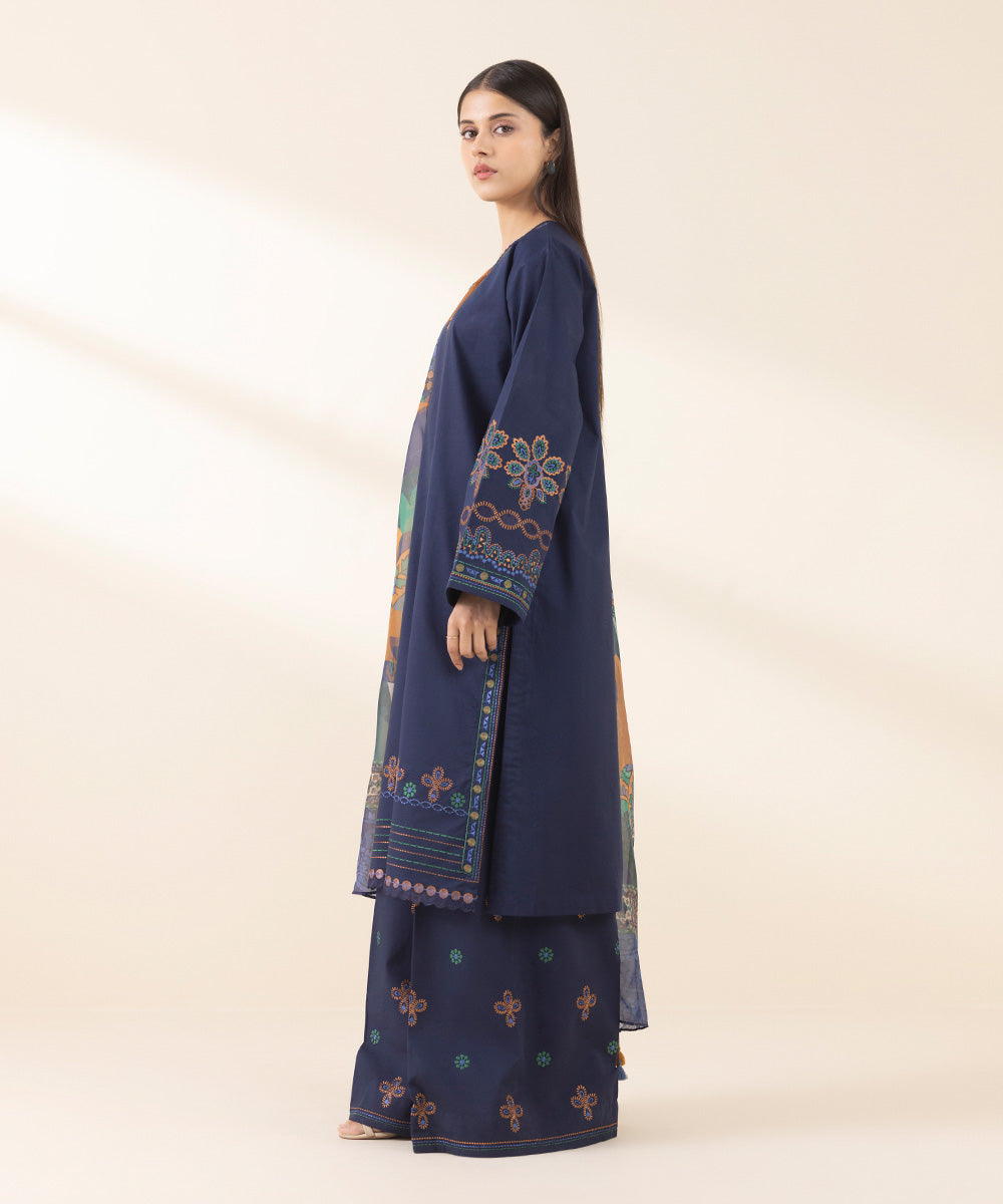 Unstitched Women's Embroidered Textured Lawn Blue Three Piece Suit 