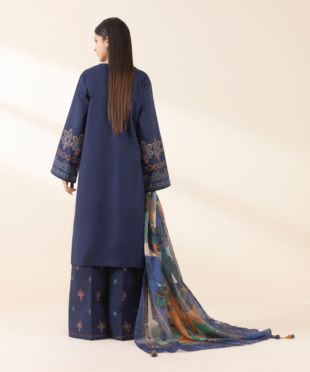 Unstitched Women's Embroidered Textured Lawn Blue Three Piece Suit 