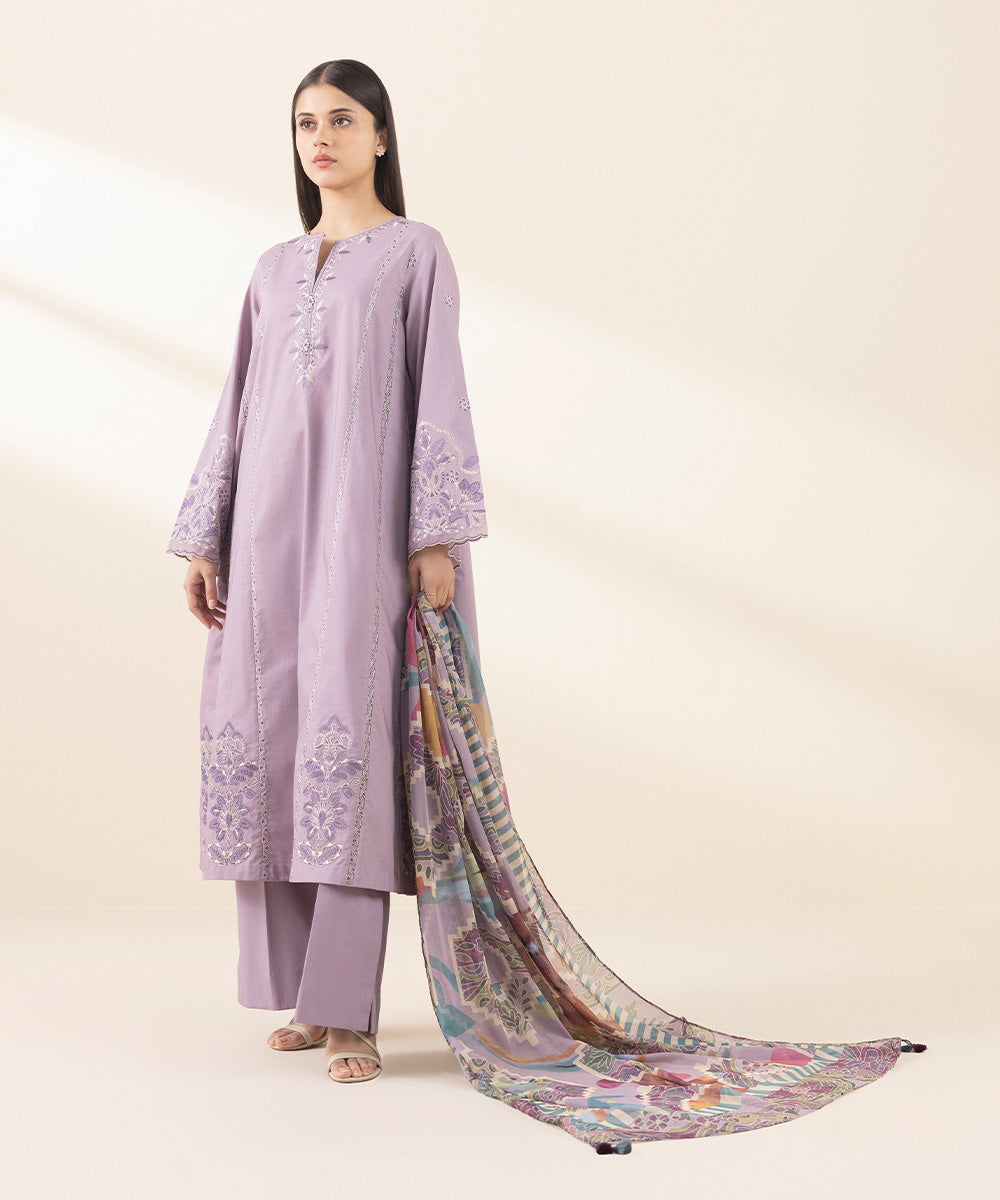 Unstitched Women's Embroidered Textured Lawn Purple Three Piece Suit 