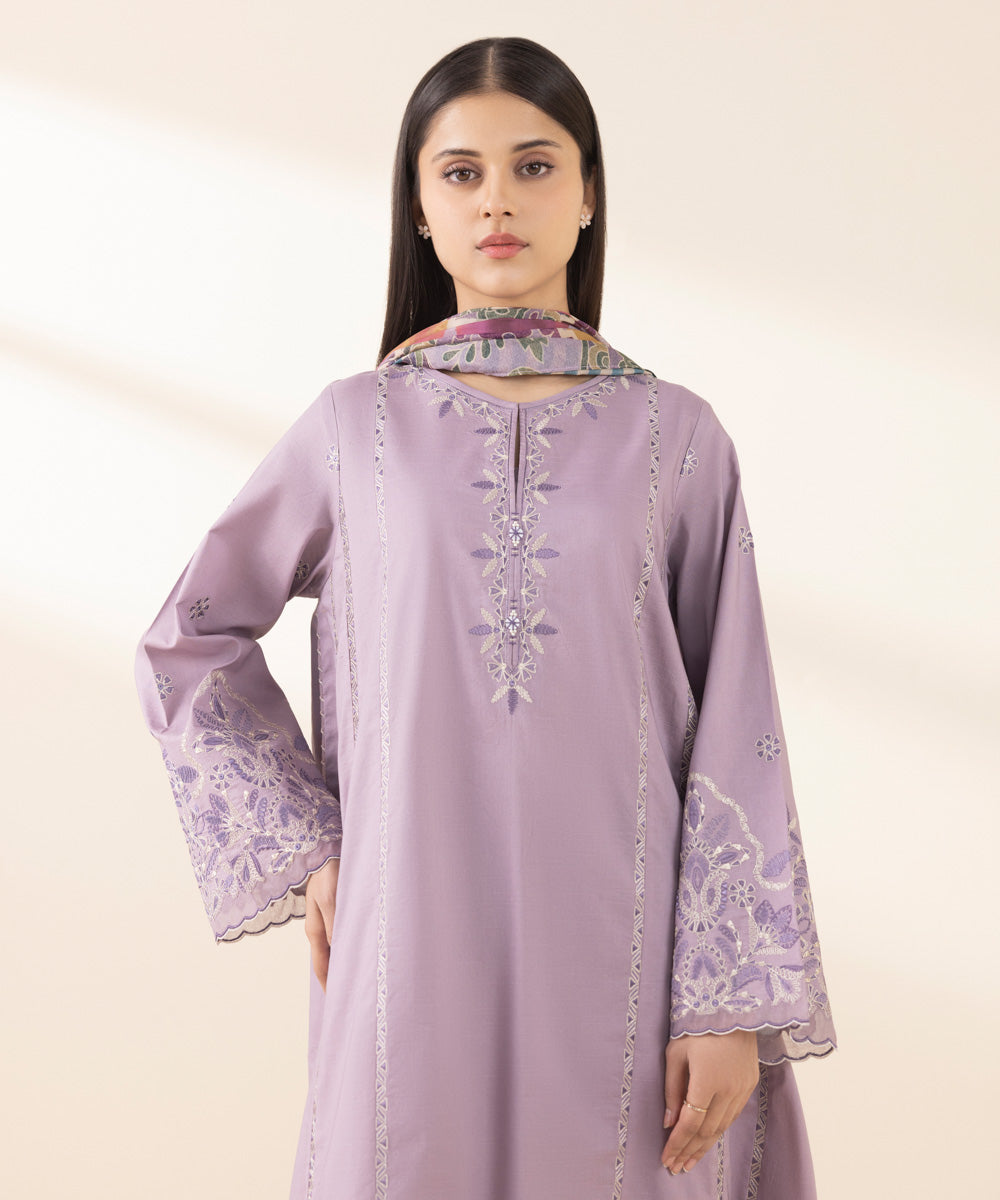 Unstitched Women's Embroidered Textured Lawn Purple Three Piece Suit 