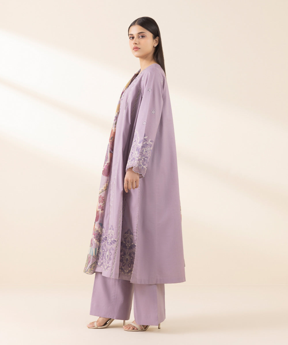 Unstitched Women's Embroidered Textured Lawn Purple Three Piece Suit 