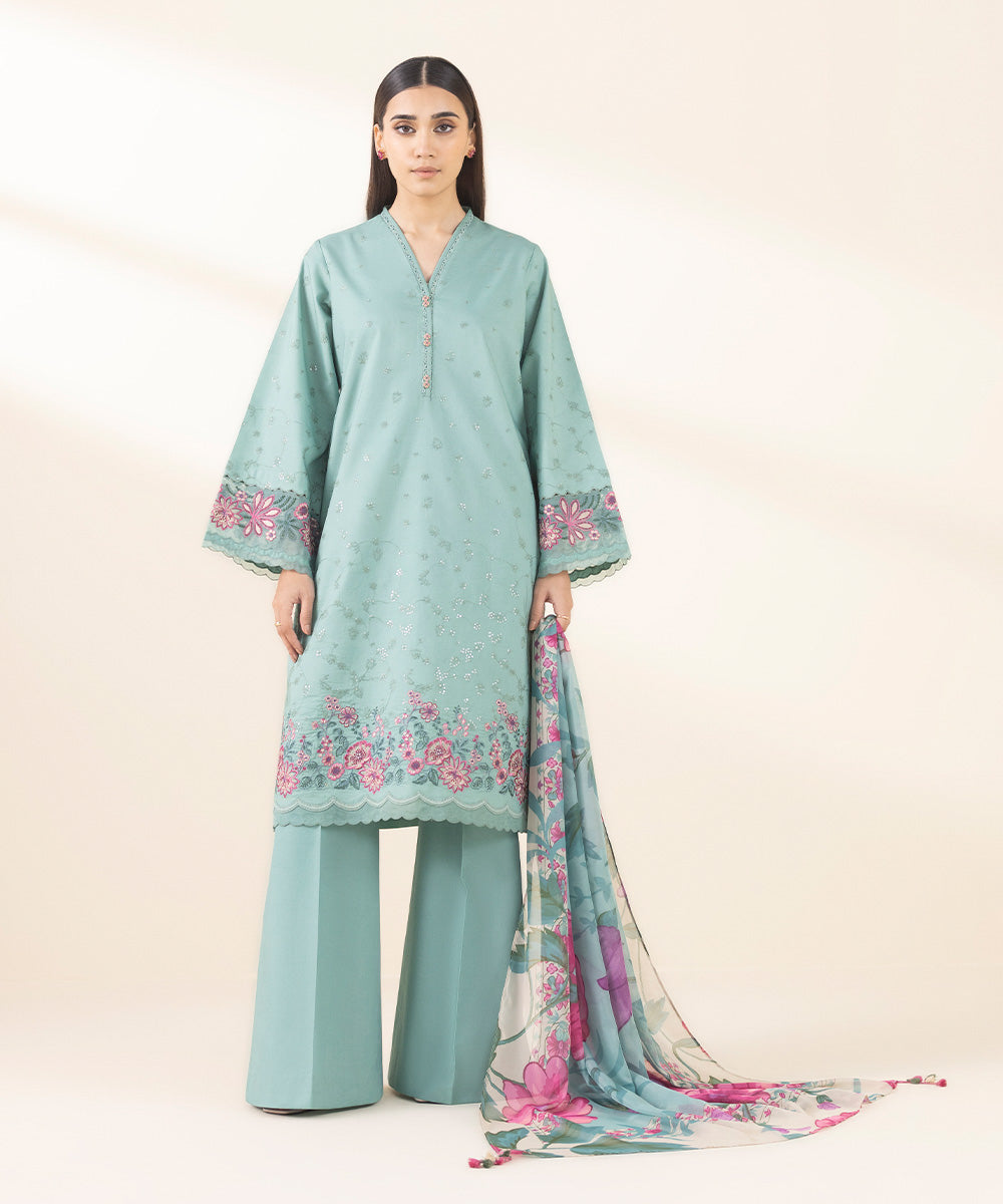 Unstitched Women's Embroidered Textured Lawn Blue Three Piece Suit 