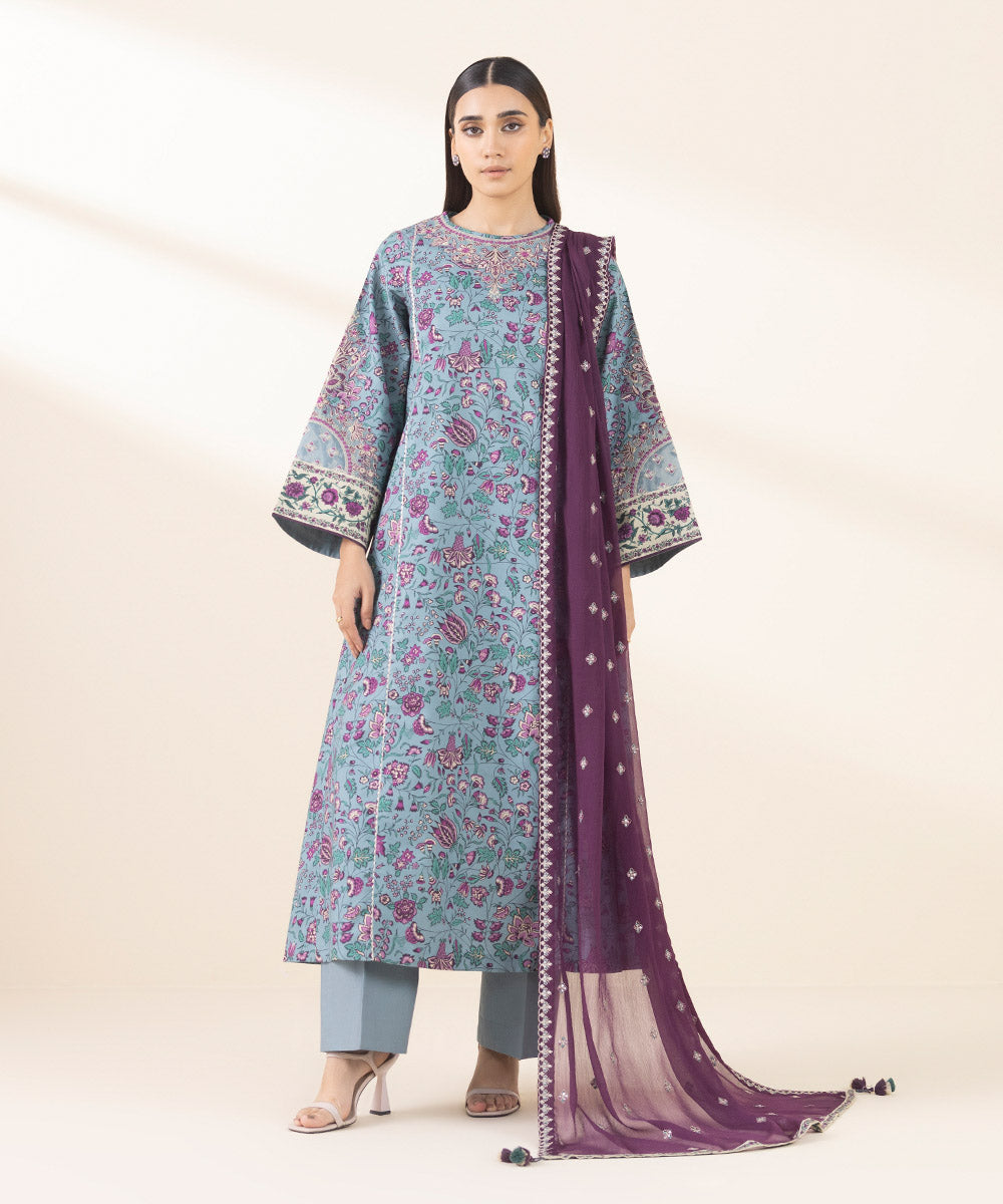 Unstitched Women's Embroidered Lawn Blue Three Piece Suit 