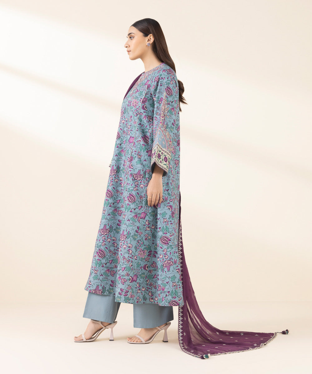 Unstitched Women's Embroidered Lawn Blue Three Piece Suit 