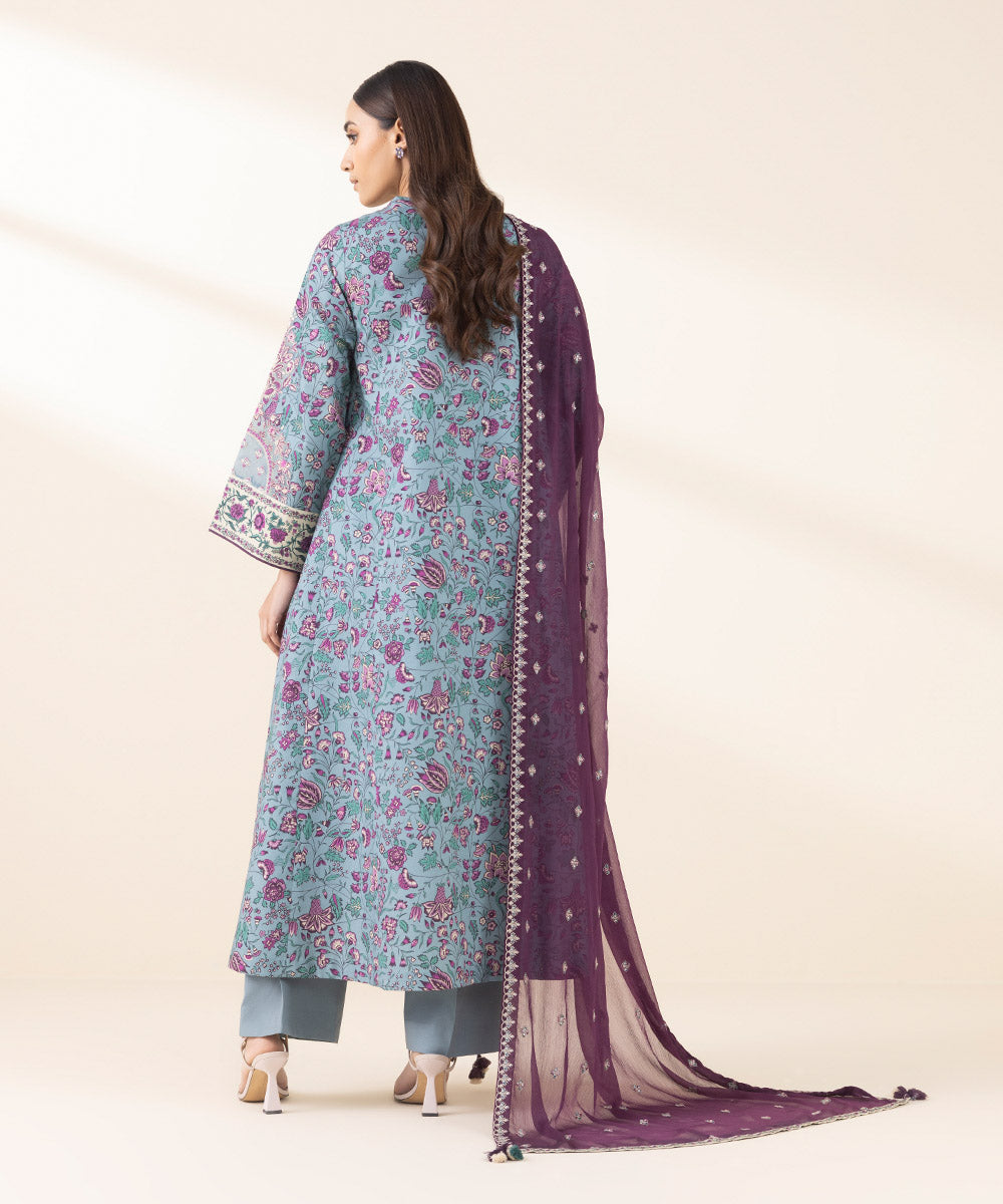 Unstitched Women's Embroidered Lawn Blue Three Piece Suit 