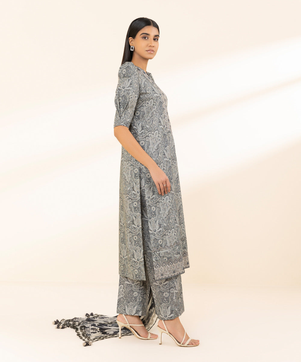 Unstitched Women's Embroidered Lawn Grey Three Piece Suit 