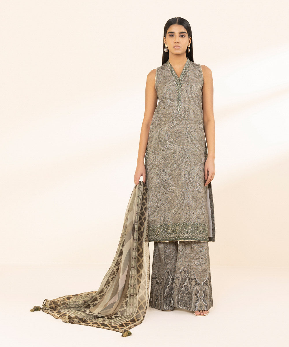 Unstitched Women's Embroidered Lawn Brown Three Piece Suit 