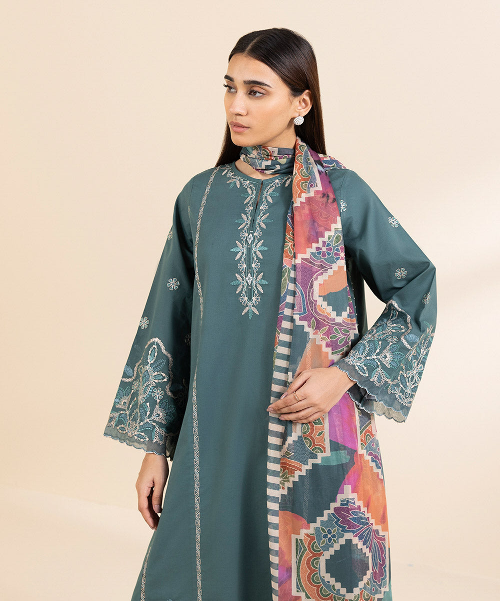 Unstitched Women's Embroidered Textured Lawn Green Three Piece Suit 