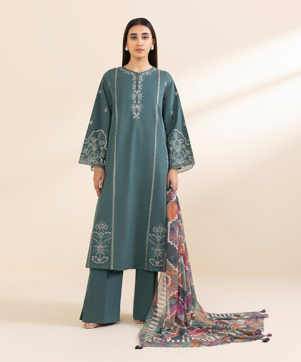 Unstitched Women's Embroidered Textured Lawn Green Three Piece Suit 