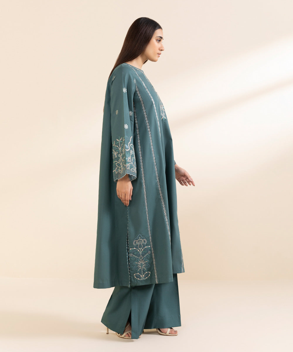 Unstitched Women's Embroidered Textured Lawn Green Three Piece Suit 