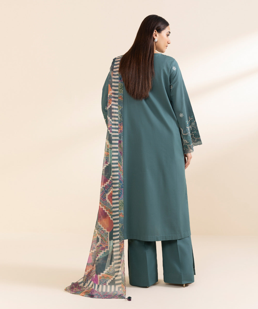 Unstitched Women's Embroidered Textured Lawn Green Three Piece Suit 