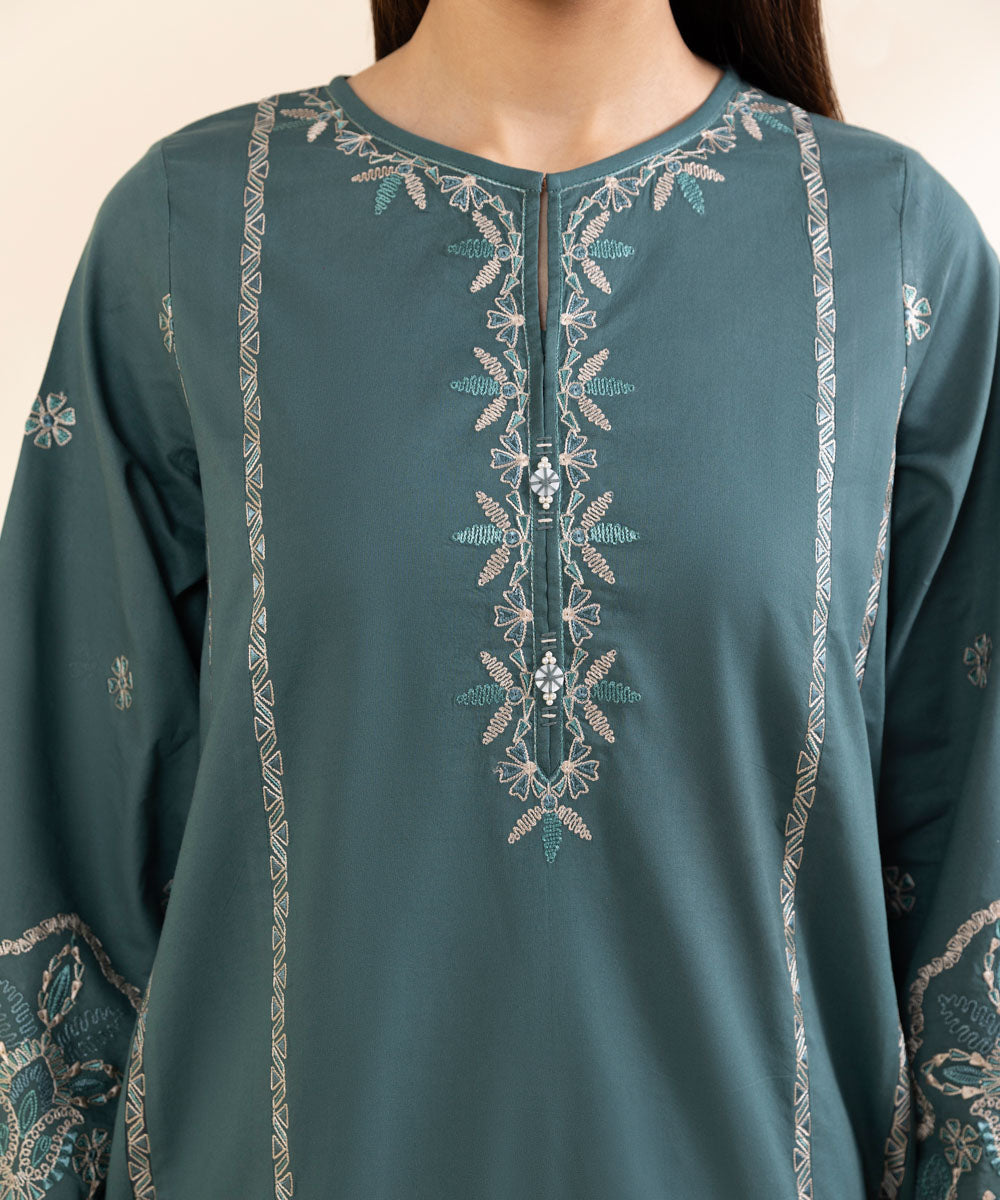 Unstitched Women's Embroidered Textured Lawn Green Three Piece Suit 