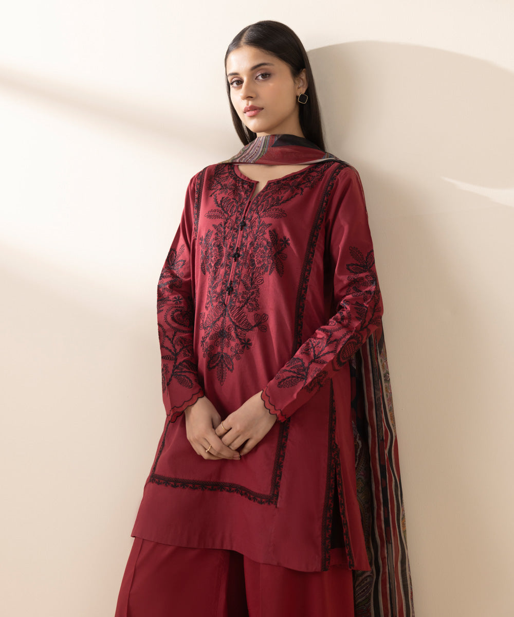 Unstitched Women's Embroidered Textured Lawn Red Three Piece Suit 