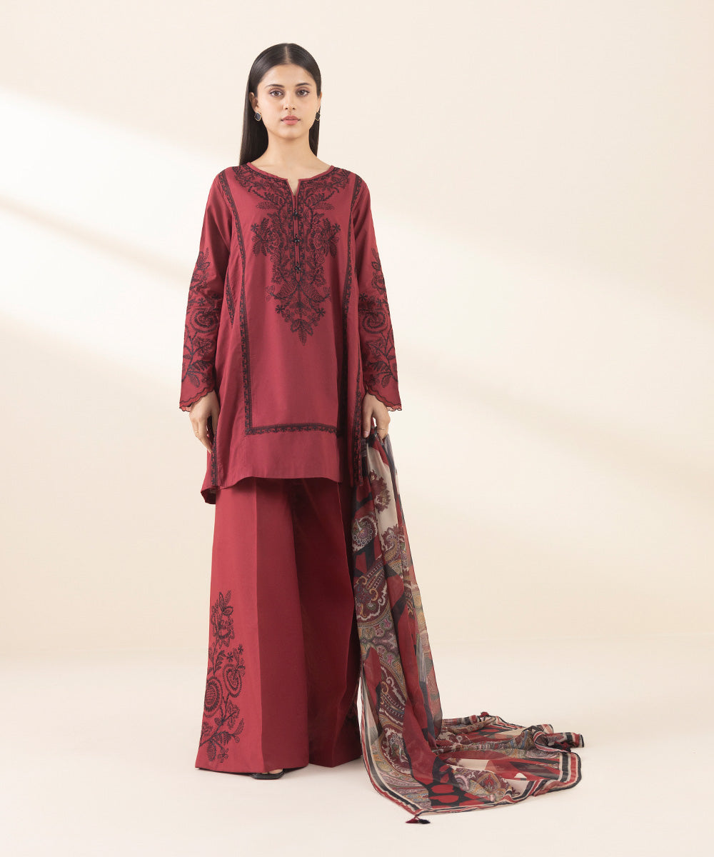 Unstitched Women's Embroidered Textured Lawn Red Three Piece Suit 