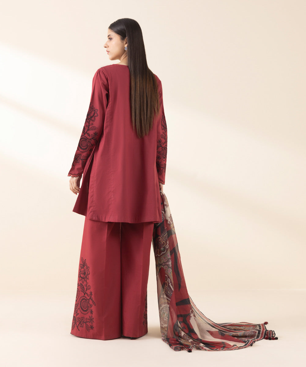 Unstitched Women's Embroidered Textured Lawn Red Three Piece Suit 