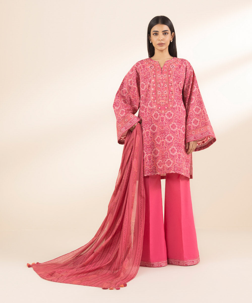 Unstitched Women's Embroidered Lawn Pink 3 Piece Suit