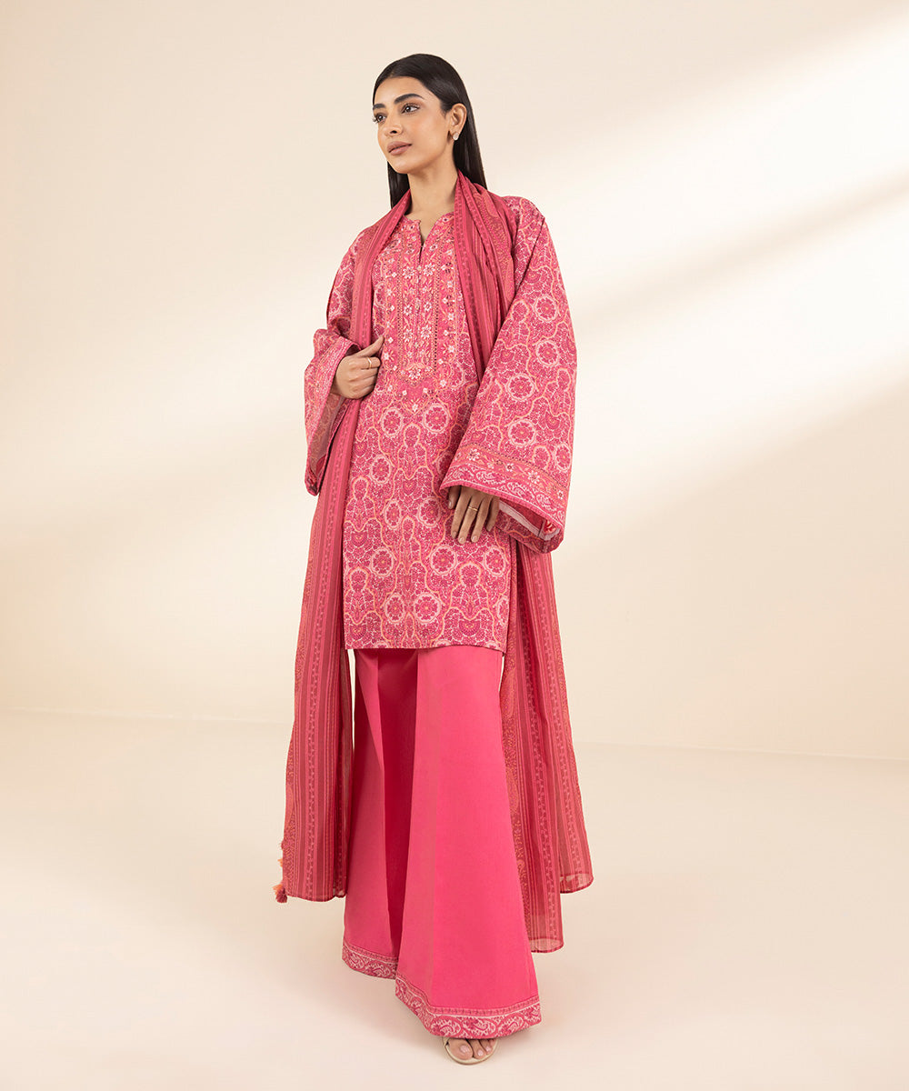 Unstitched Women's Embroidered Lawn Pink 3 Piece Suit