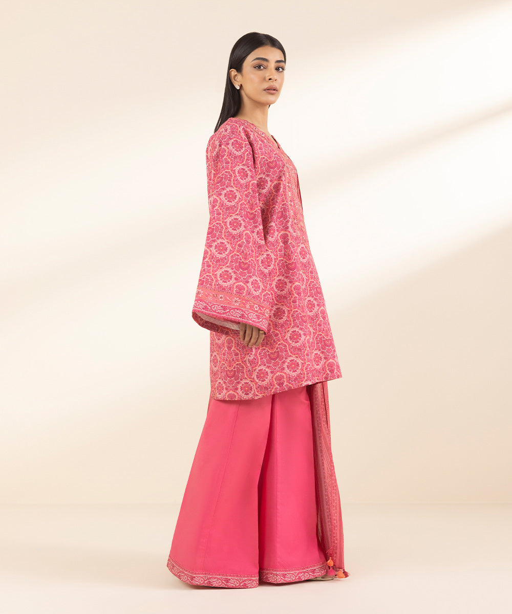 Unstitched Women's Embroidered Lawn Pink 3 Piece Suit
