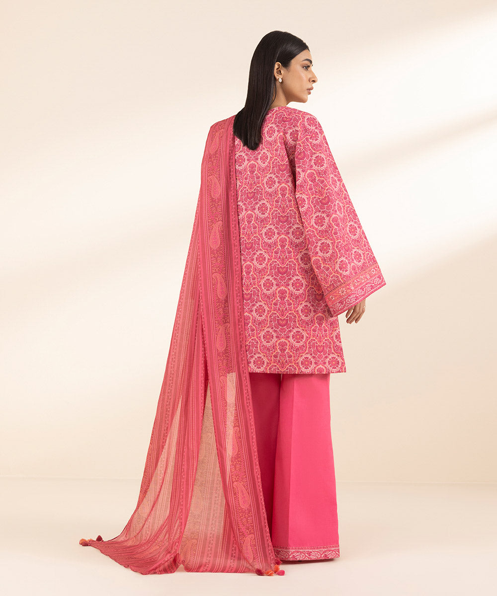 Unstitched Women's Embroidered Lawn Pink 3 Piece Suit