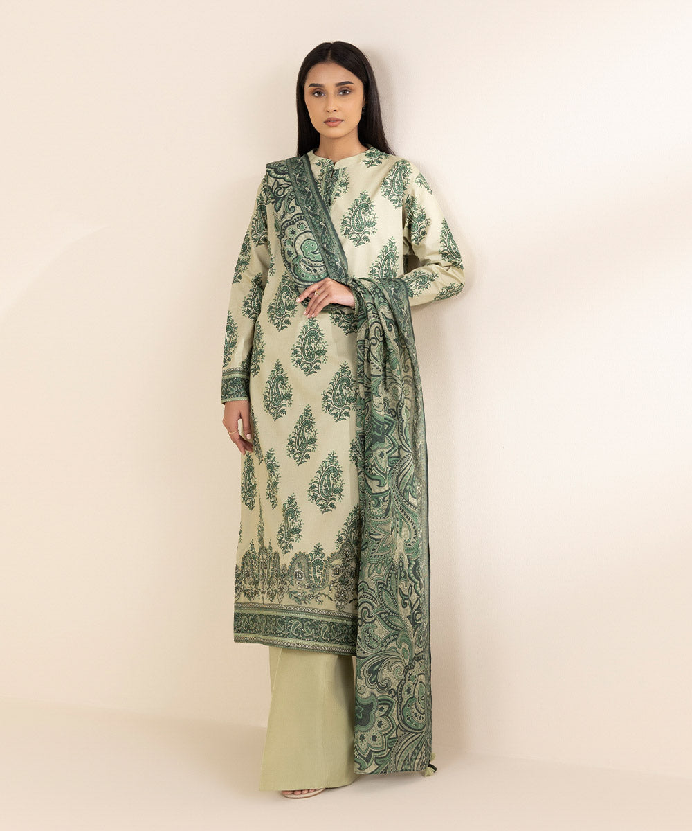 Unstitched Women's Embroidered Lawn Off White 3 Piece Suit