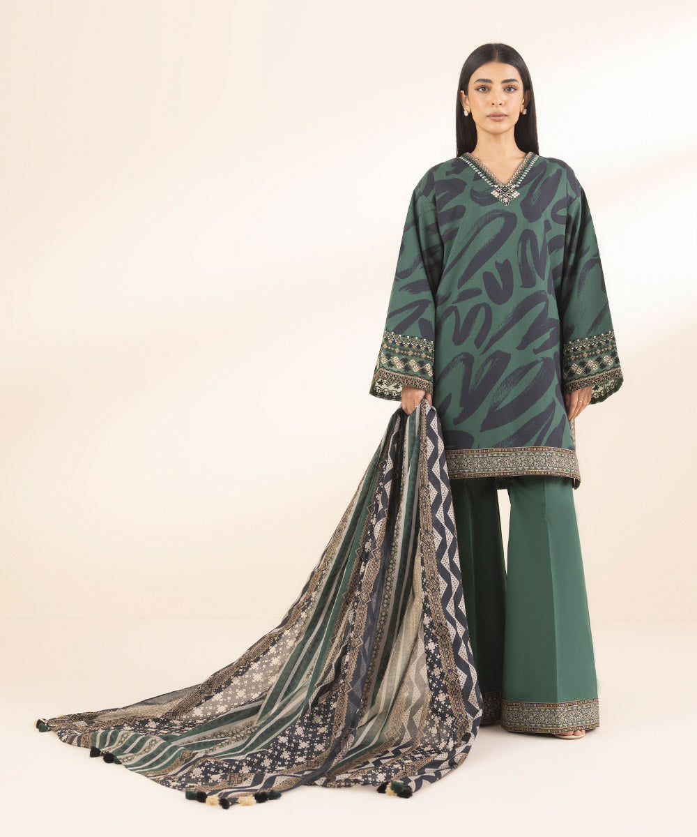 Unstitched Women's Embroidered Lawn Green 3 Piece Suit