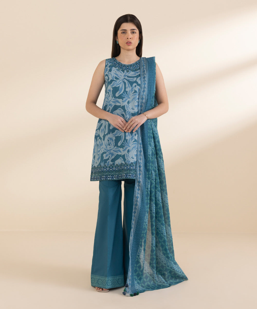 Unstitched Women's Embroidered Lawn Blue 3 Piece Suit