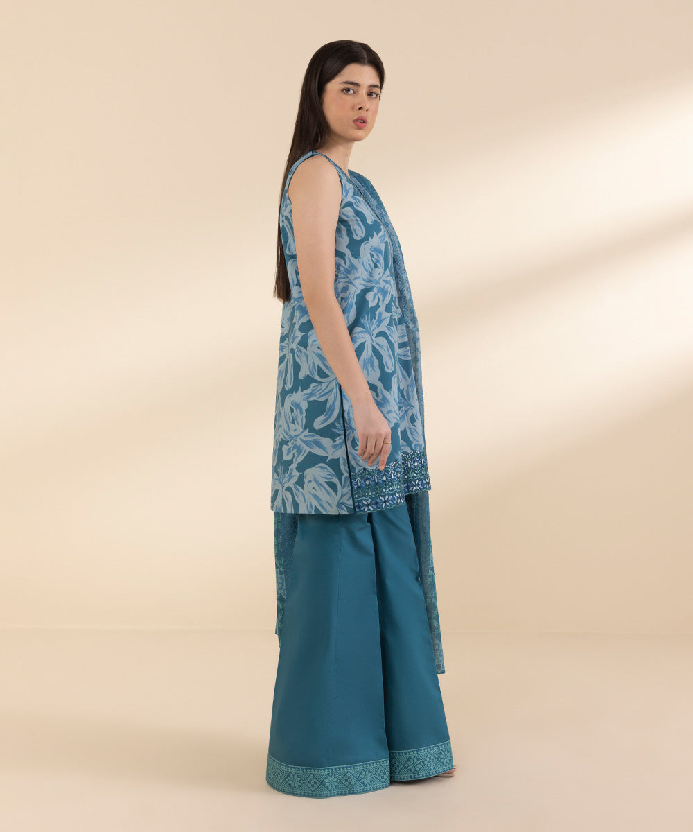 Unstitched Women's Embroidered Lawn Blue 3 Piece Suit