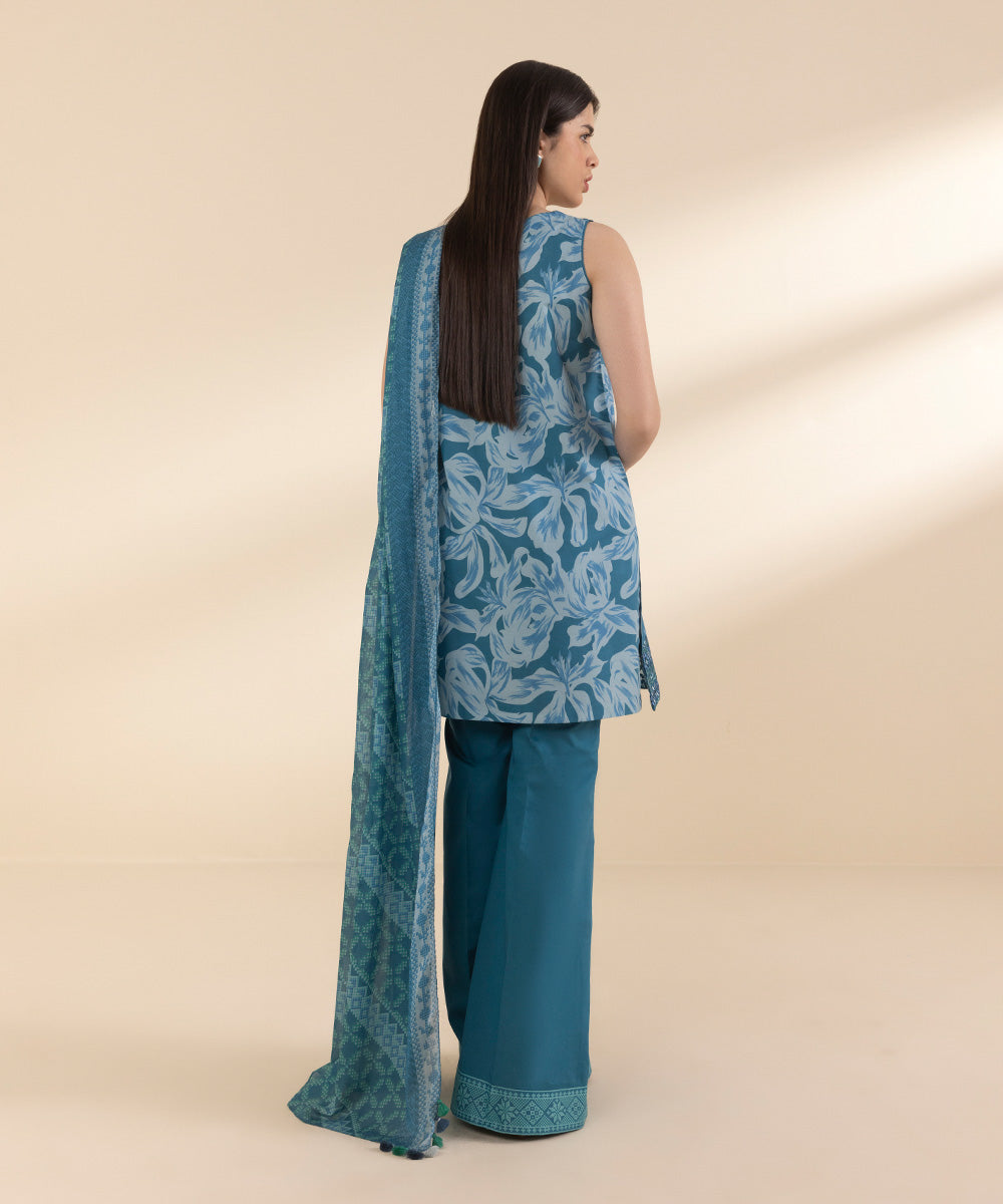 Unstitched Women's Embroidered Lawn Blue 3 Piece Suit