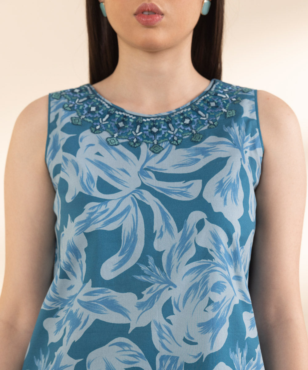Unstitched Women's Embroidered Lawn Blue 3 Piece Suit