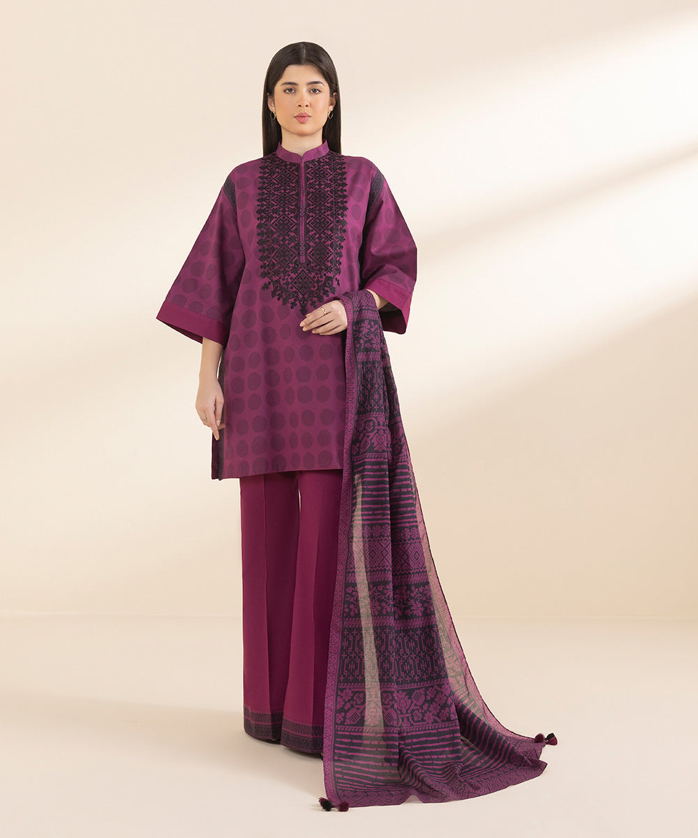 Unstitched Women's Embroidered Lawn Purple 3 Piece Suit