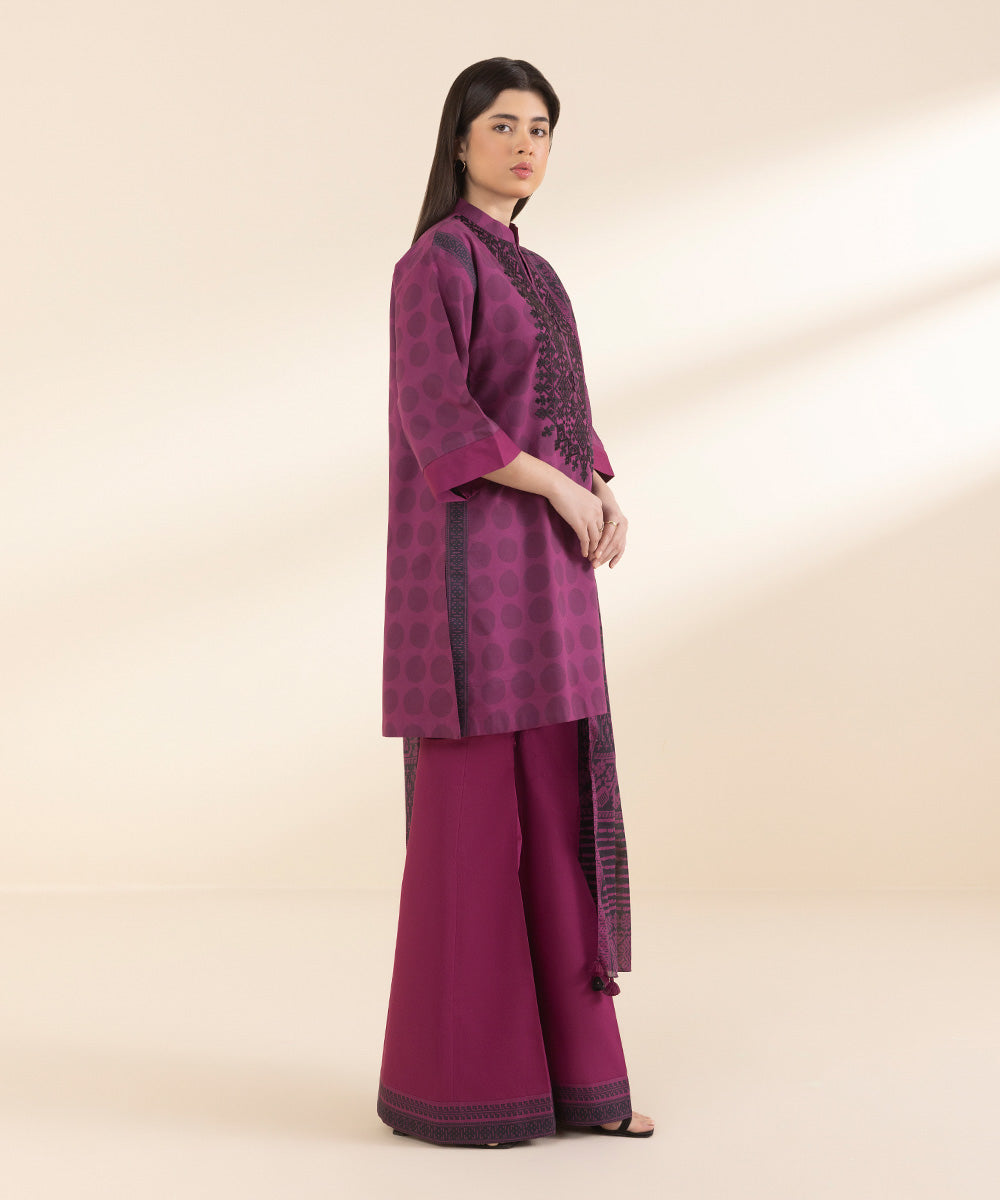 Unstitched Women's Embroidered Lawn Purple 3 Piece Suit