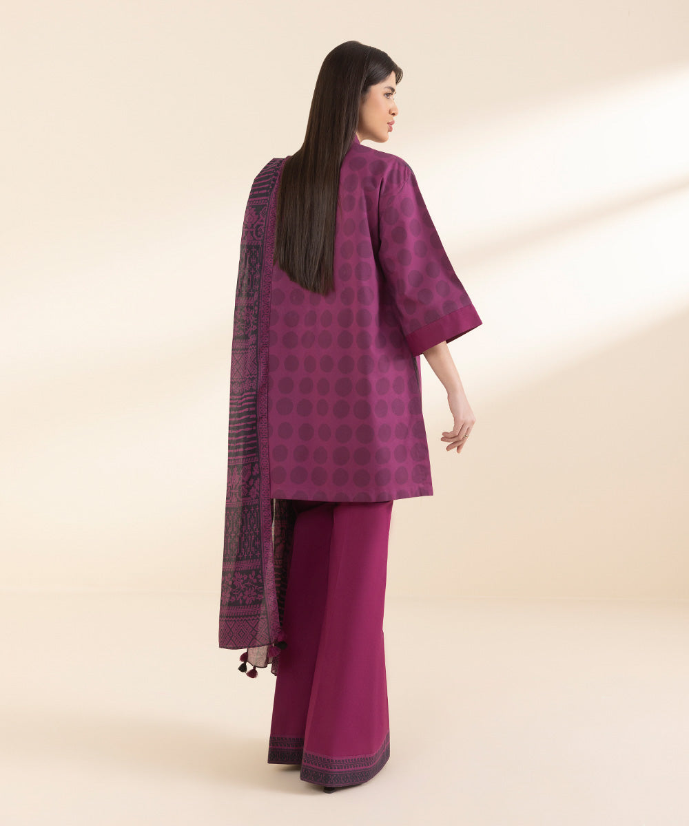 Unstitched Women's Embroidered Lawn Purple 3 Piece Suit