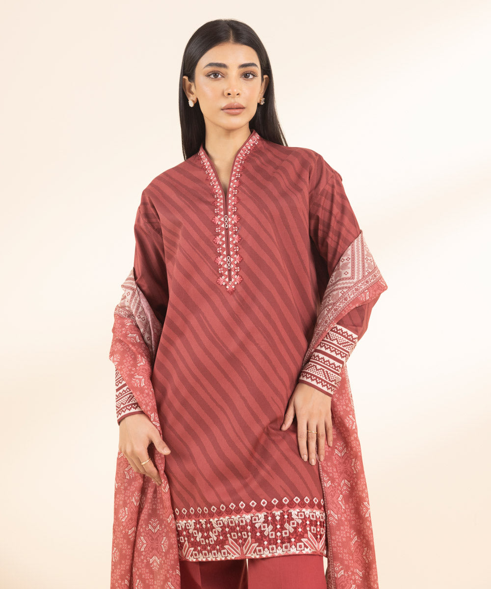 Unstitched Women's Embroidered Lawn Red 3 Piece Suit